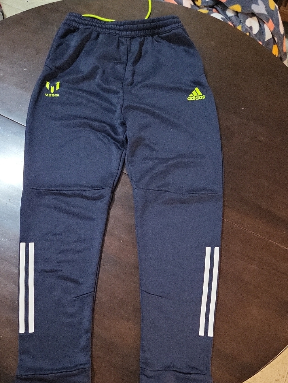 adidas Navy Joggers with Neon Yellow Logos and White Stripes